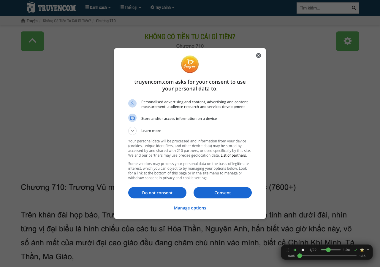 DocTruyen.ai reading a chapter on truyencom.com with the control bar in the bottom-right corner